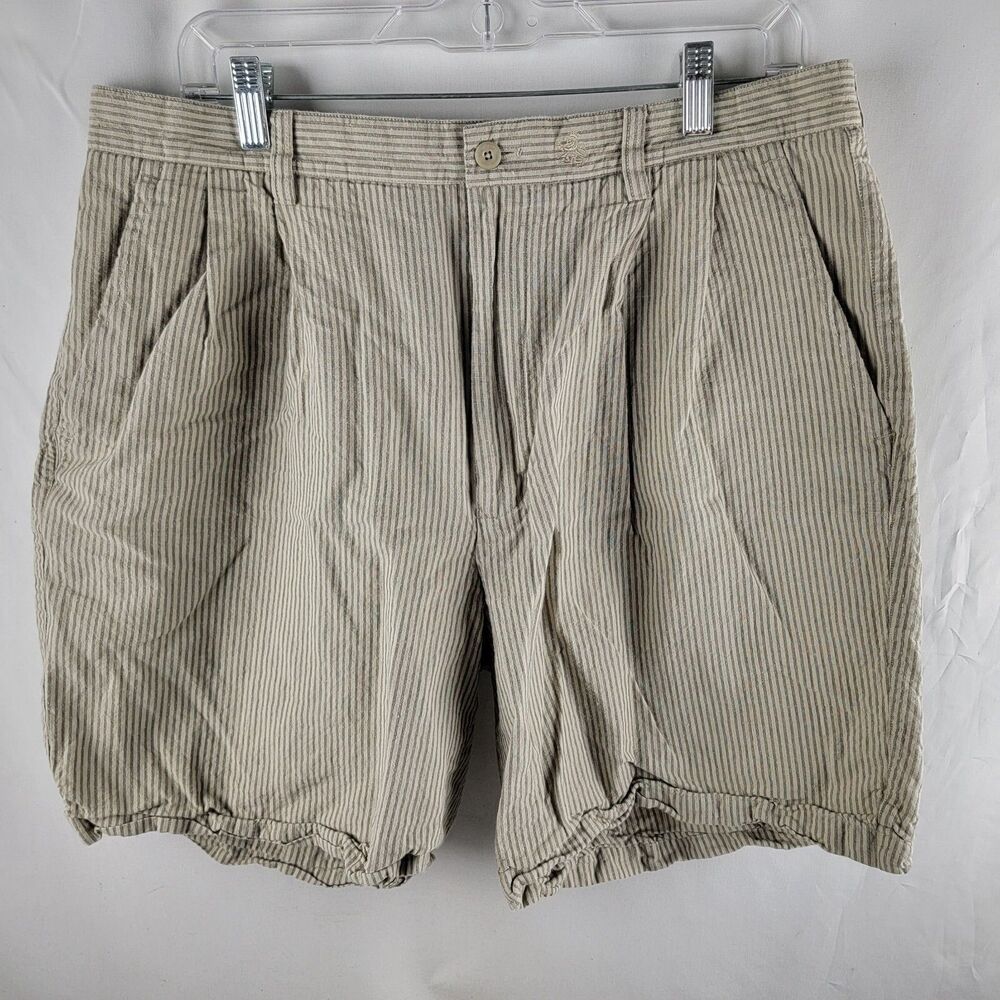 Nat Nast Shorts Mens 36 Beige Pleated Linen Cotton Blend Chino Striped Zipper